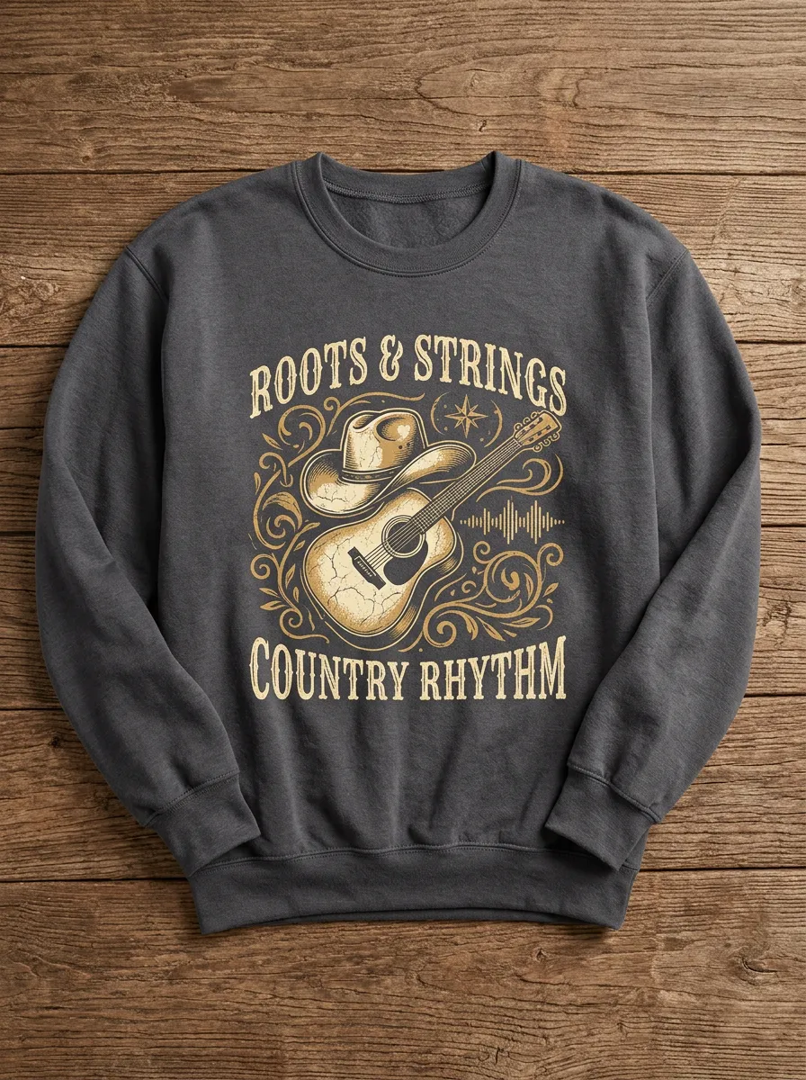 Western Music Cowboy Hat Guitar Illustration Crewneck Sweatshirt