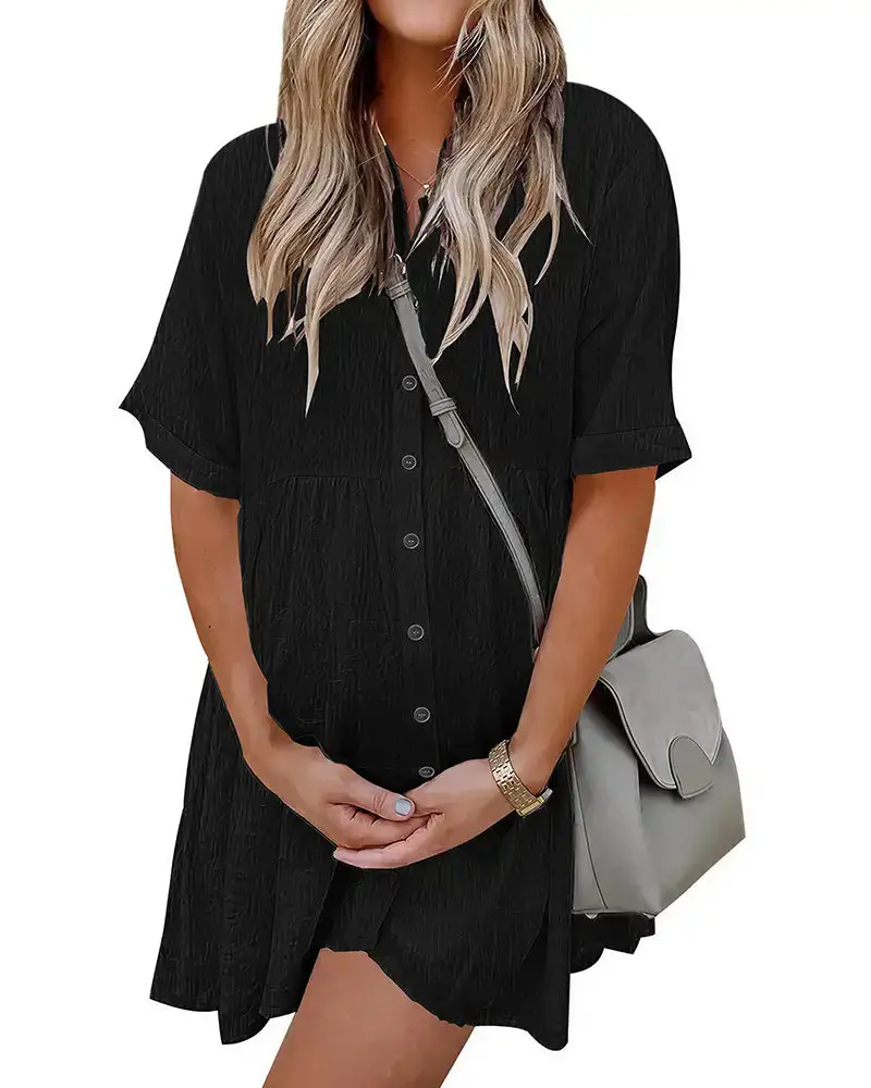 Effortless Button-Down Short Sleeve Shirt Dress With Pockets