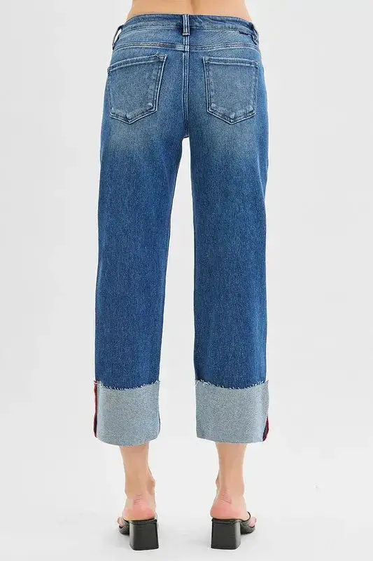 Full Size Tummy Control Mid Rise Crop Wide Cuffed Jeans Plus Size