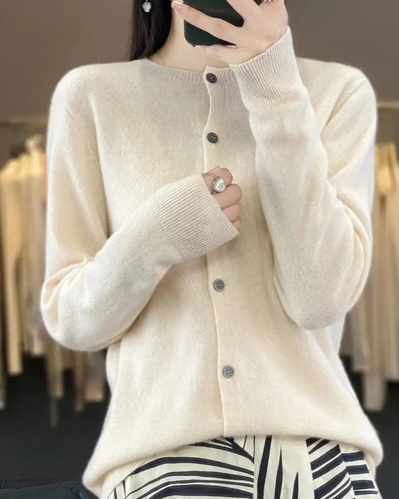 Merino-Wool Wool Round-Neck Cardigan