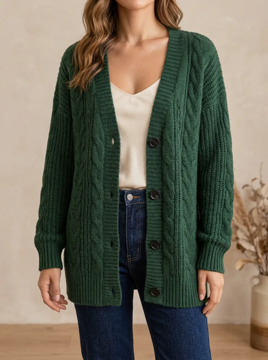 Women's Cable Knit Button Front V Neck Clean Line Cardigan