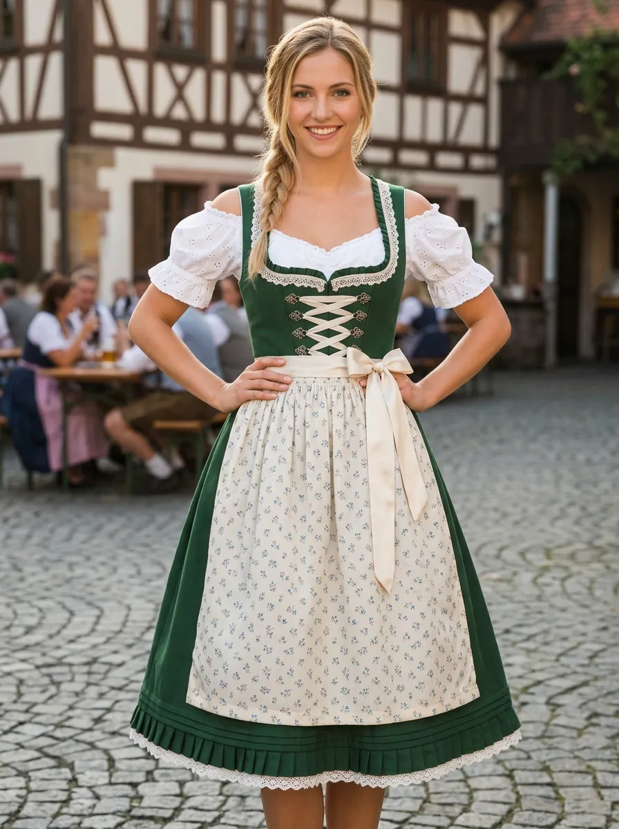 Floral Embroidered Floral Apron Square Neck Traditional Women's Bavarian Oktoberfest Dirndl Dress