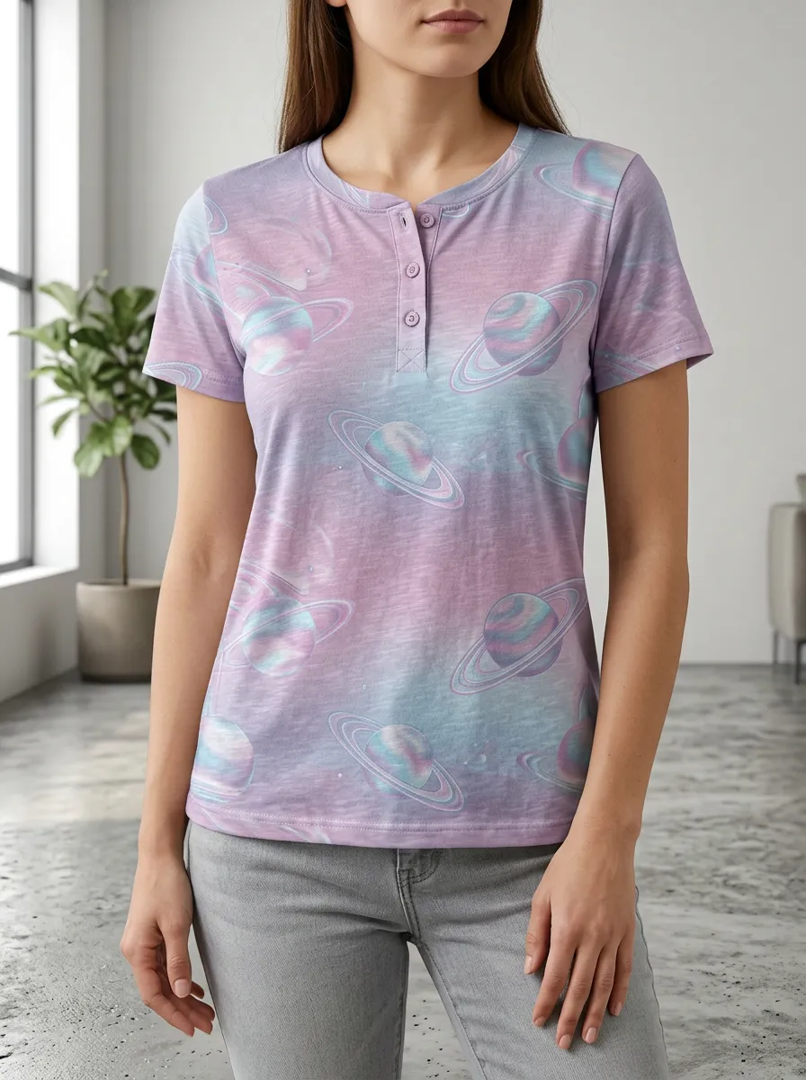 Women's Space Lover Pastel Planet Printed Henley T-shirt