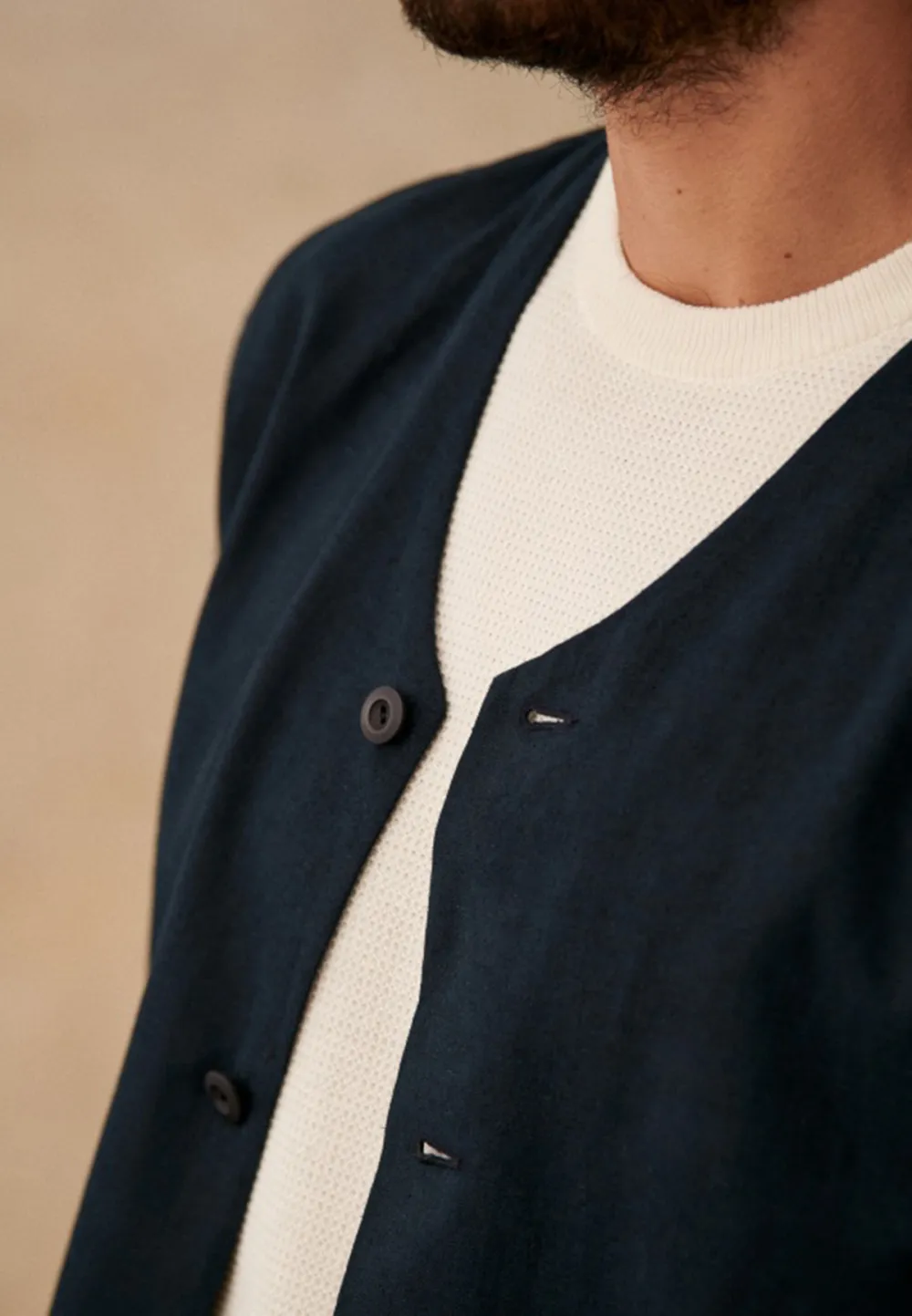 Cream Beige V-Neck Relaxed Fit Casual Jacket