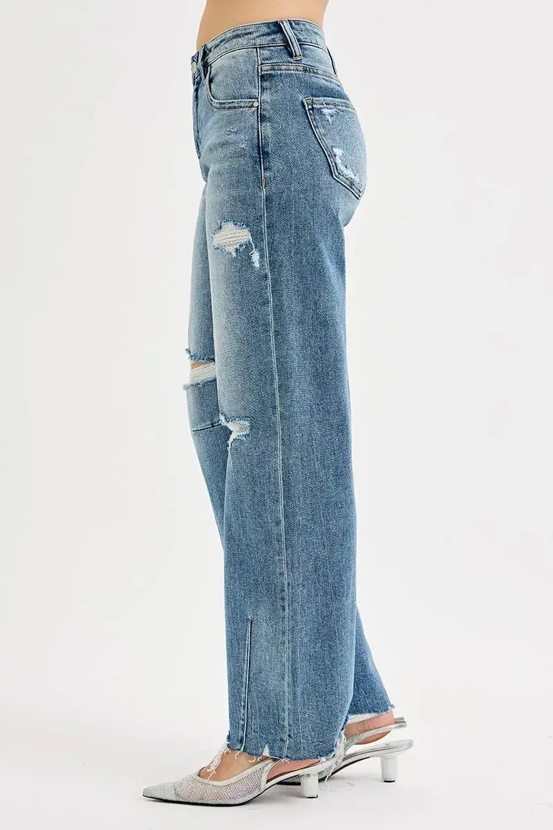Full Size Mid Rise Fit Wide Baggy Leg Tie Washed Jeans Plus Size