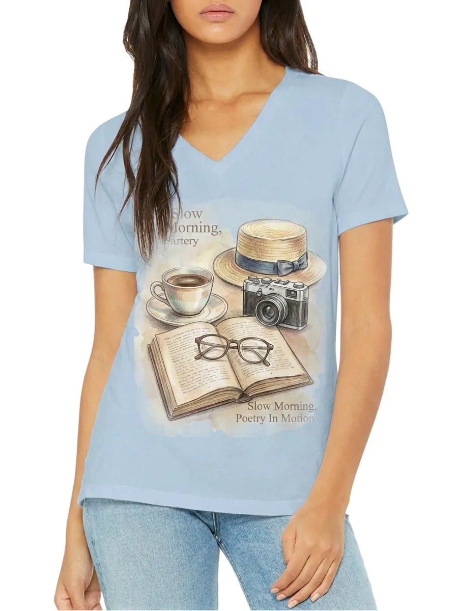Women's Book Lover Coffee Camera Hat Printed V-neck T-shirt
