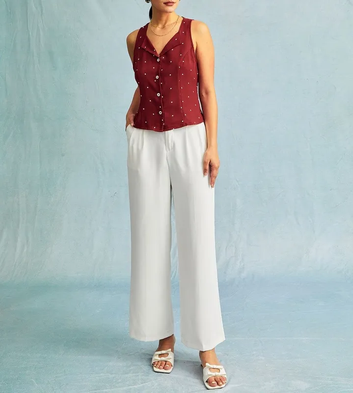 Red V Neck Polka Dot Print Sleeveless Vest