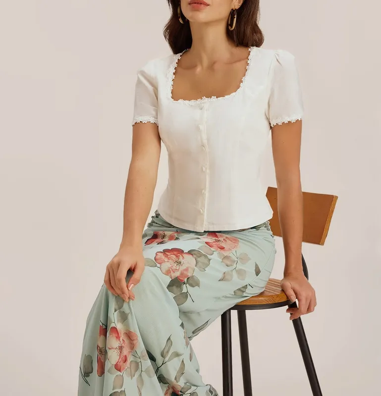 White Square Neck Button Lace Blouse