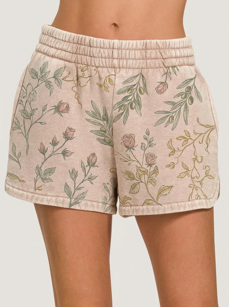 Women's Vintage Botanical Rose Olive Printed Shorts