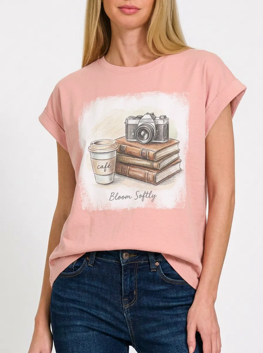 Women's Photography Coffee Book Lover Printed T-shirt