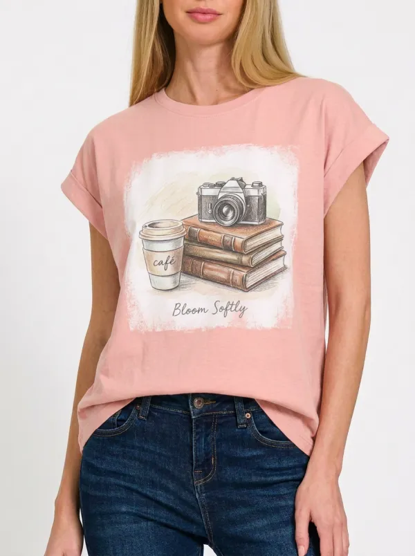Women's Photography Coffee Book Lover Printed T-shirt