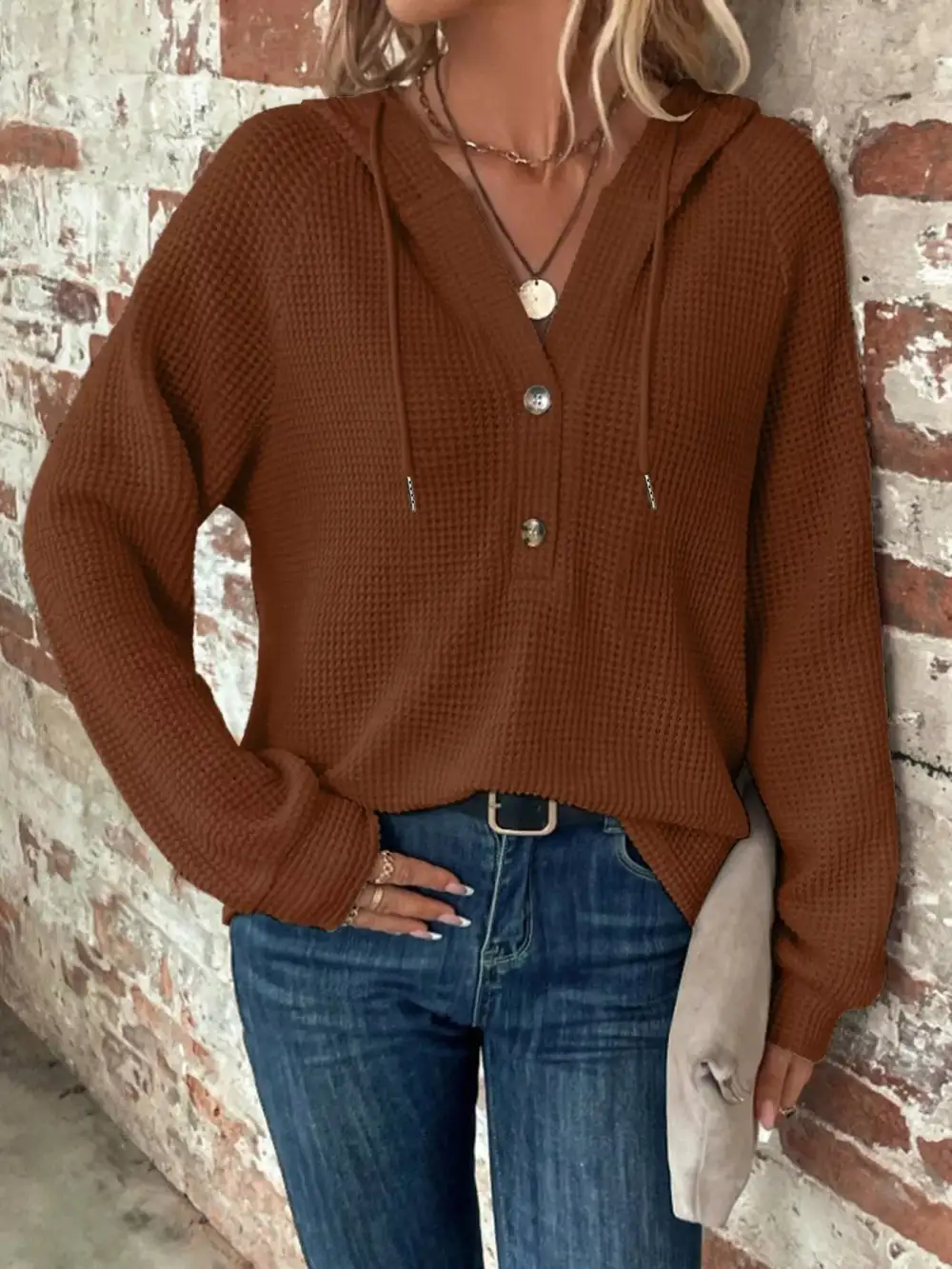 Drawstring Buttoned Pocketed Waffle-Textured Hoodie