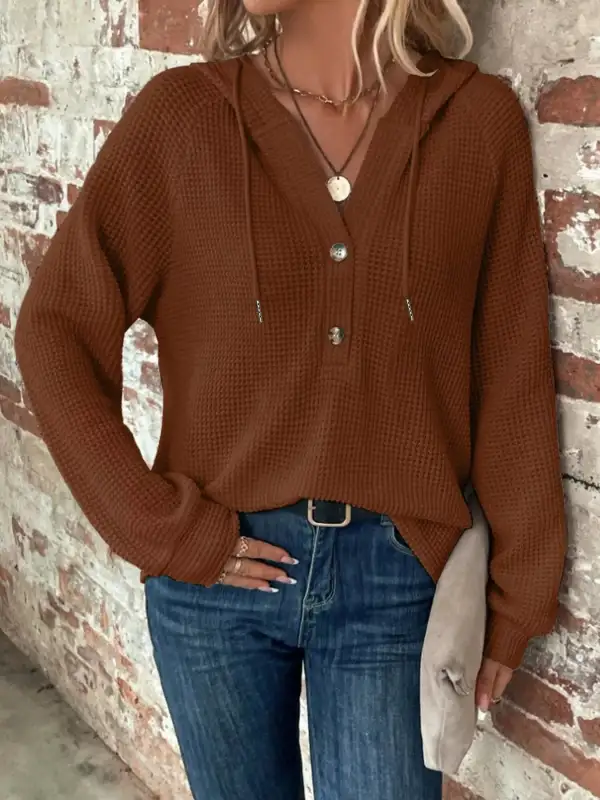 Drawstring Buttoned Pocketed Waffle-Textured Hoodie