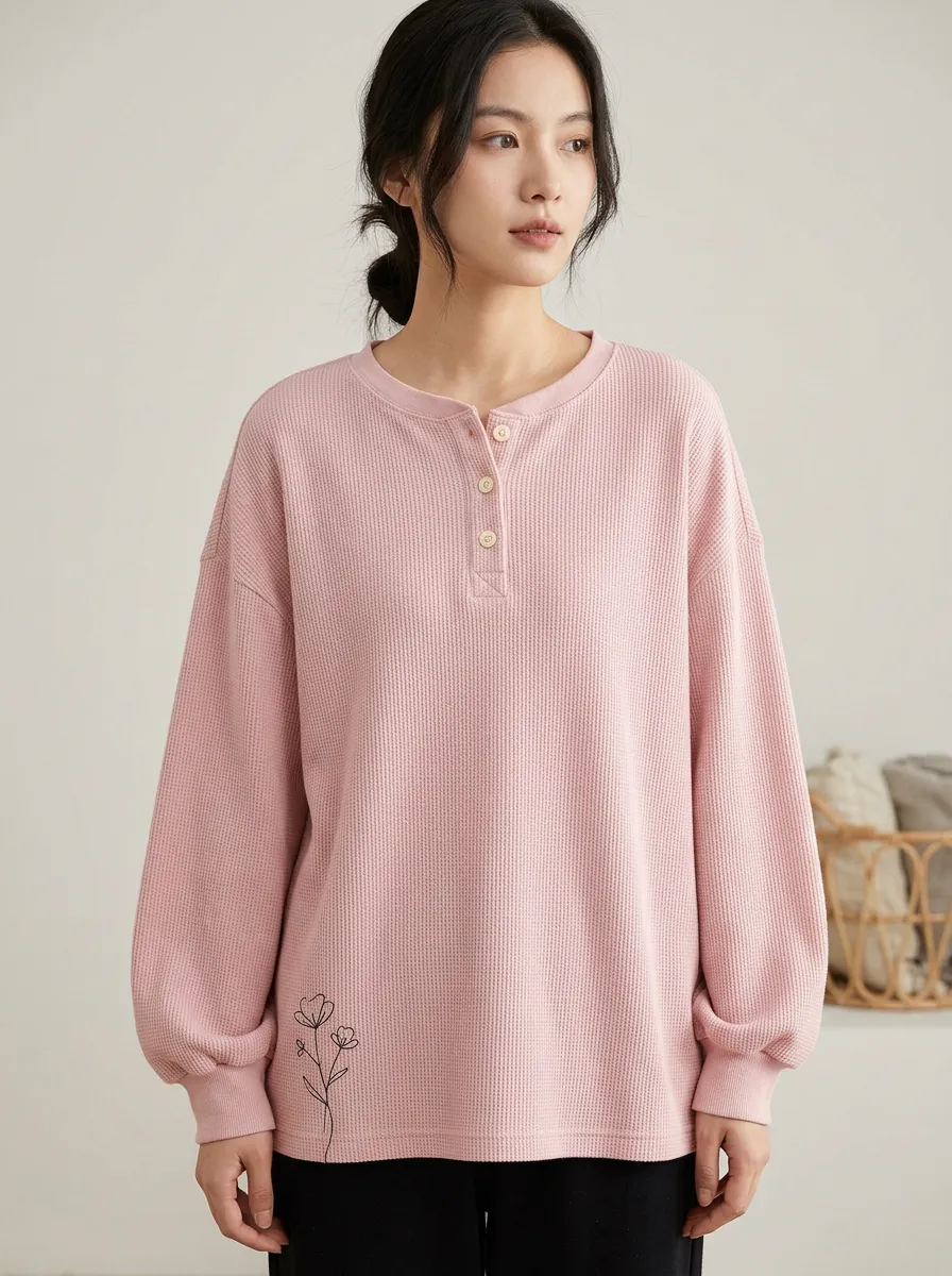 Pink Floral Minimalist Line Art Printed Waffle Henley Top