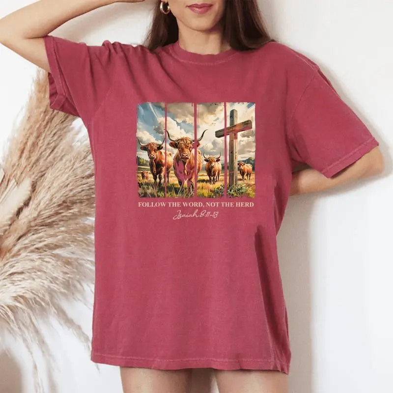 Follow The Word Not The Herd Christian Western Highland Cow Women's Oversized Comfort T-Shirt