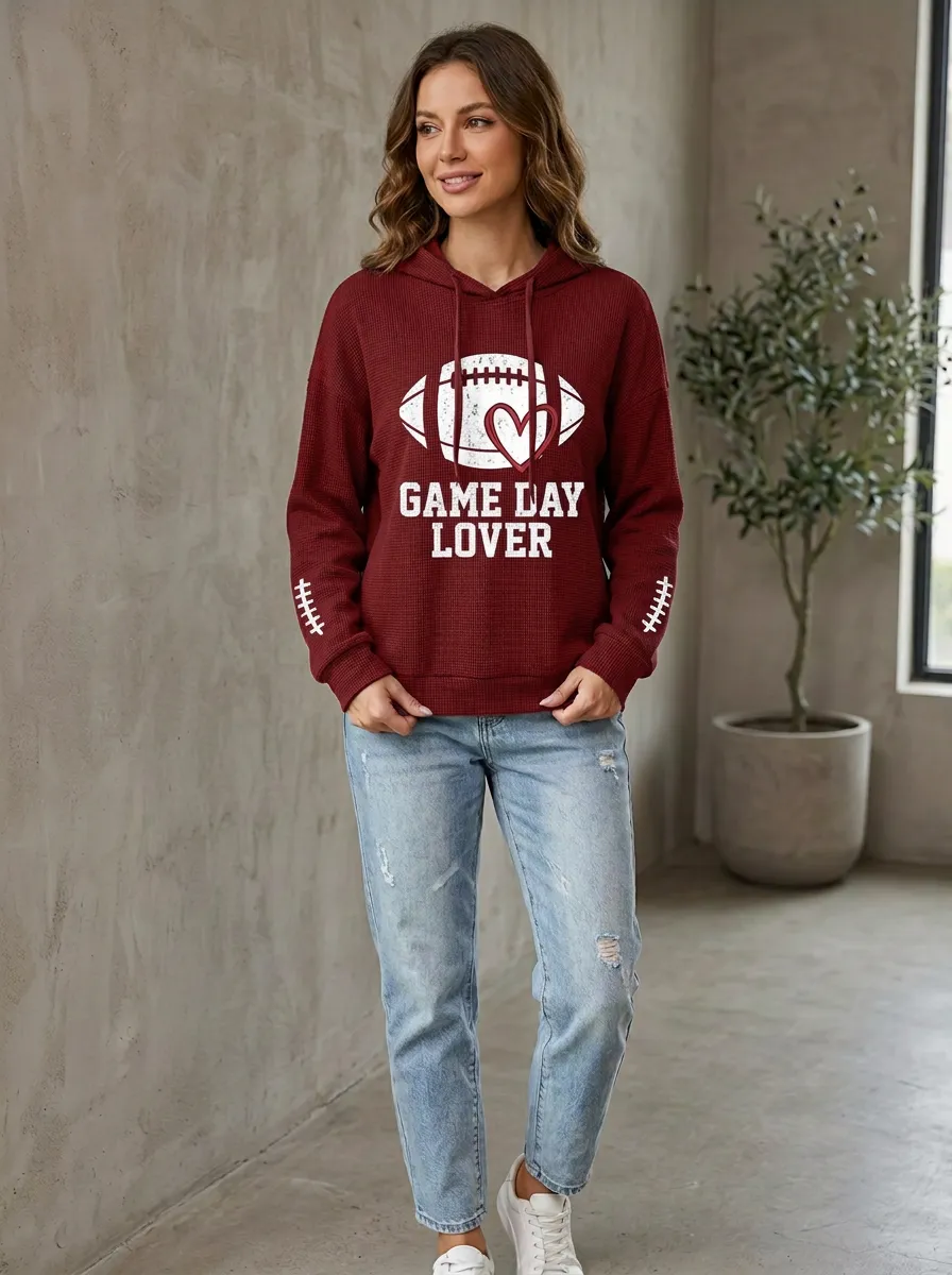 Women's Football Game Day Lover Heart Printed Waffle Hoodie