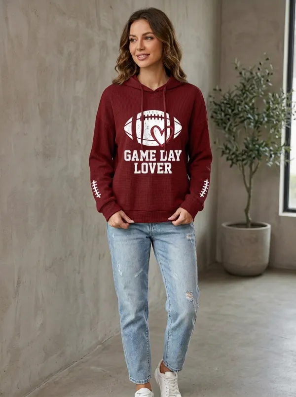 Women's Football Game Day Lover Heart Printed Waffle Hoodie