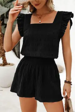 High-Waist Shirred-Waist Textured Two-Piece Top and Shorts Set