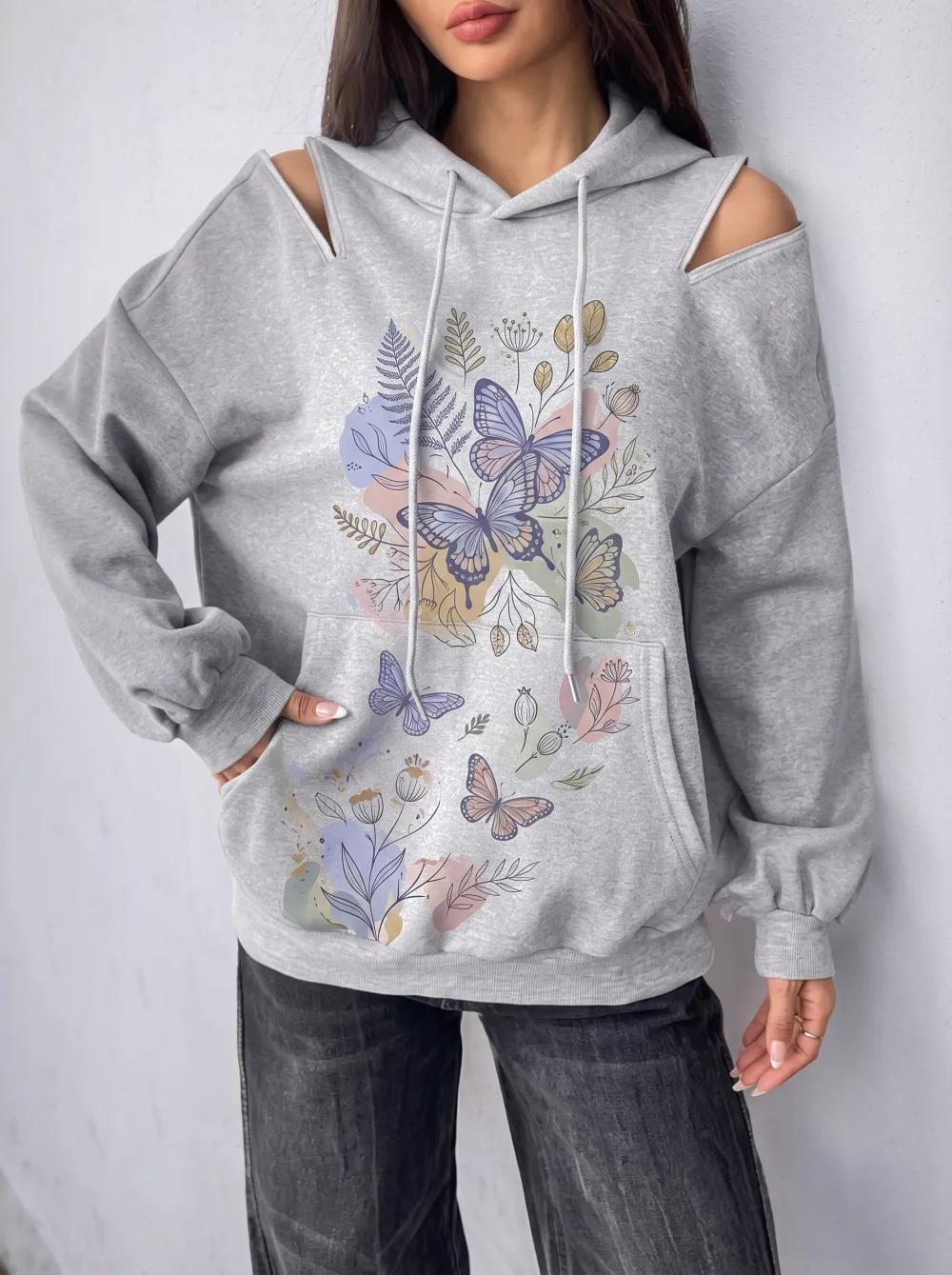 Women's Butterfly Floral Nature Lover Printed Cold Shoulder Hoodie
