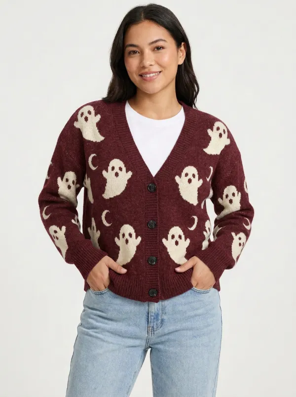 Women's Halloween Ghost Moon Pattern Knitted Cardigan