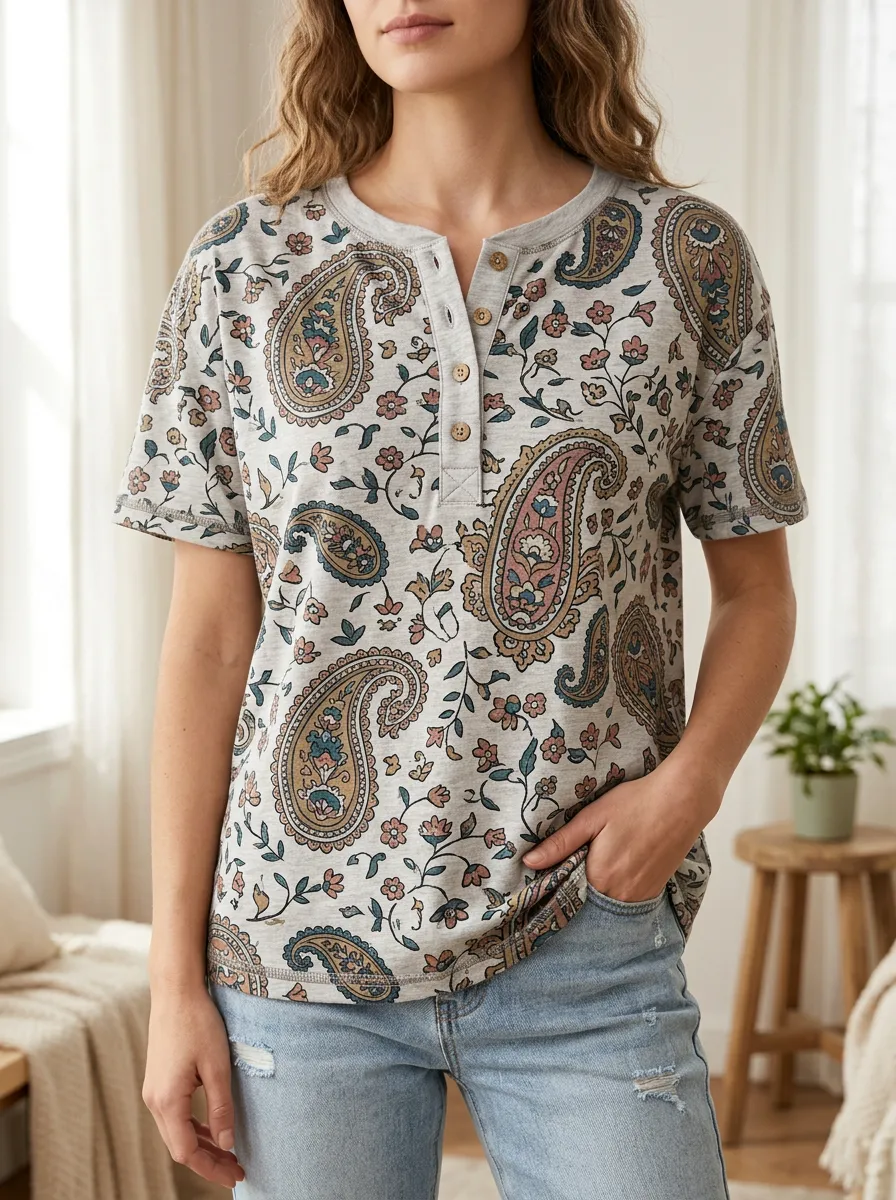 Women's Relaxed Boho Paisley Floral Henley T-Shirt