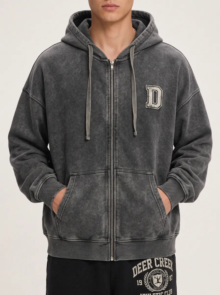 Men's Vintage Washed Letter D Patch Printed Zip-up Hoodie
