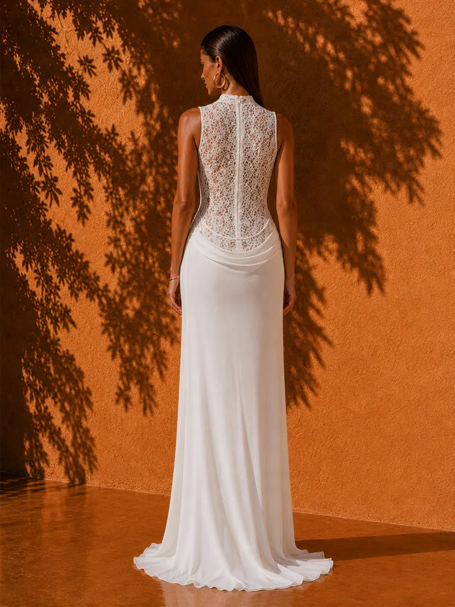 Paisley Floral Lace and Mesh Maxi Dress