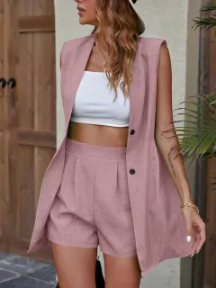 Sleeveless Fitted Pleated Two-Piece Blazer and Shorts Set