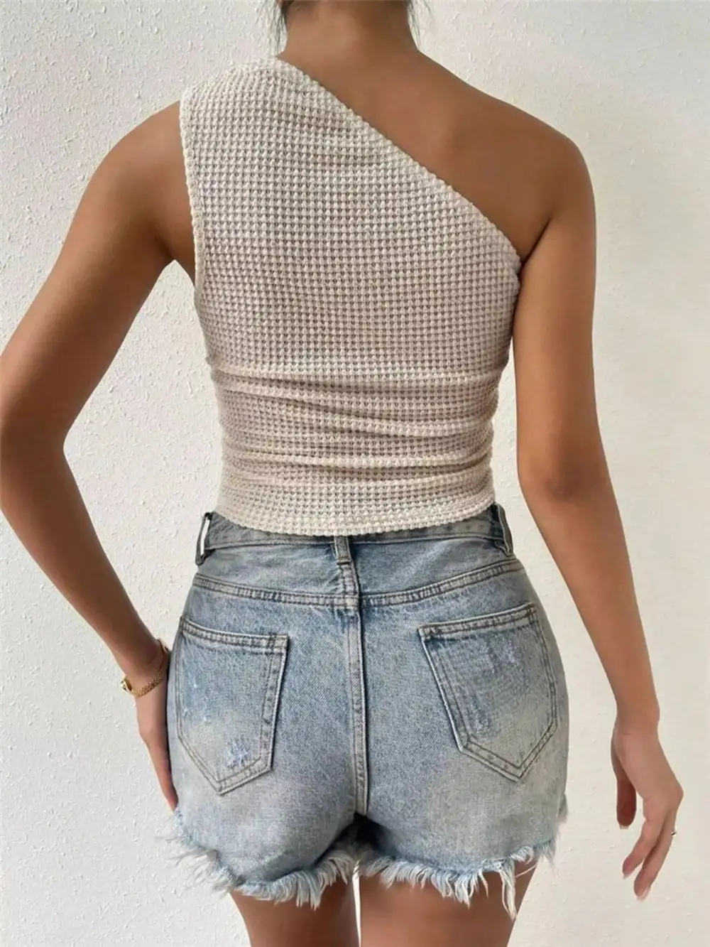 Waffle Knit Textured One Shoulder Tank Top