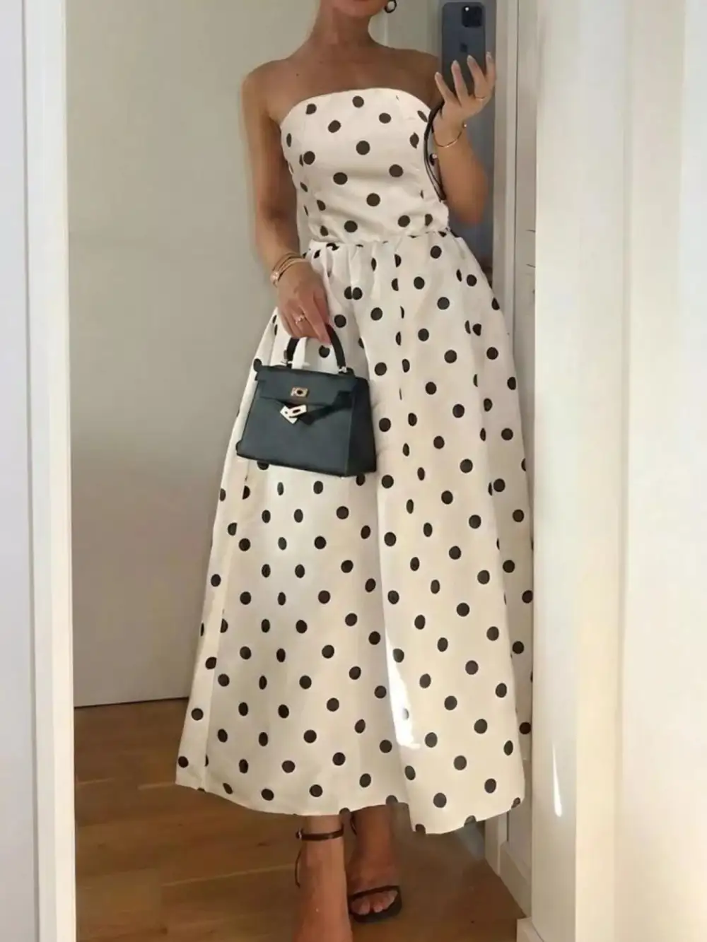 Strapless Polka-Dot Midi Dress