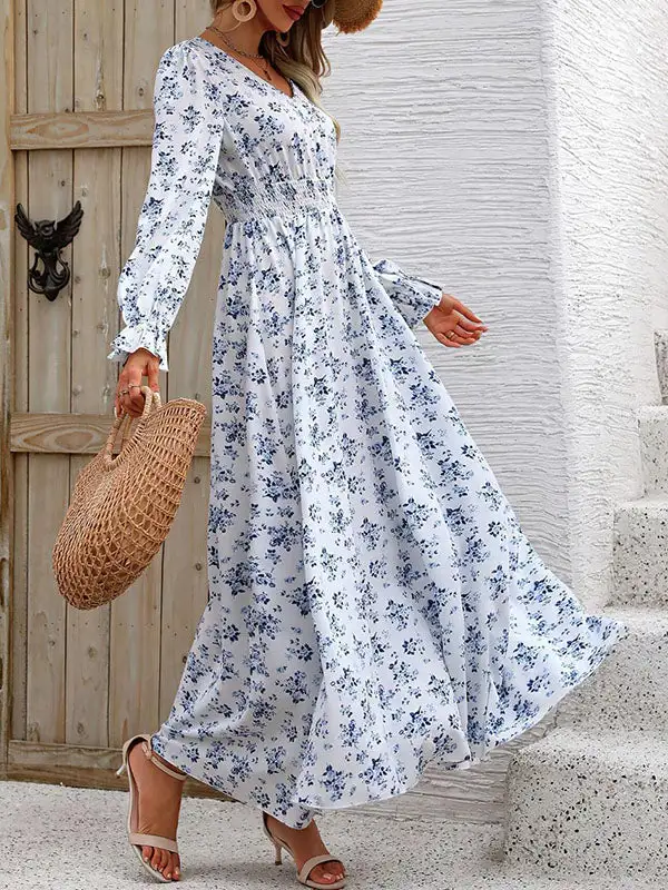 Elasticity Floral Printed Long Neck Maxi Dress