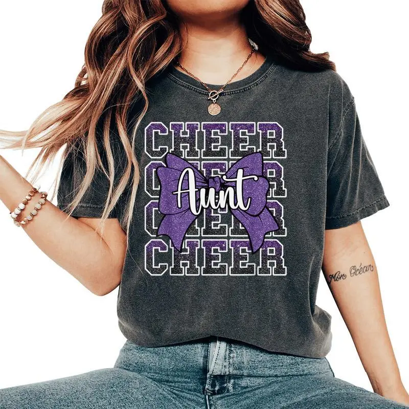 Cheer Aunt Auntie Bow Sport Cheerleader Cheerleading Purple Women's Oversized Comfort T-Shirt