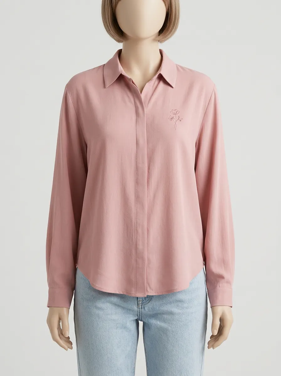 Women's Minimalist Floral Line Art Printed Pink Shirt