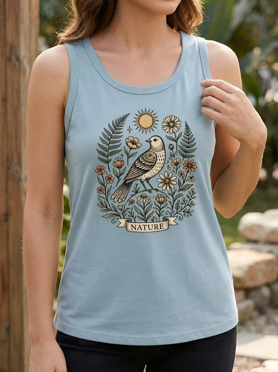 Women's Nature Lover Bird Floral Sun Printed Tank Top