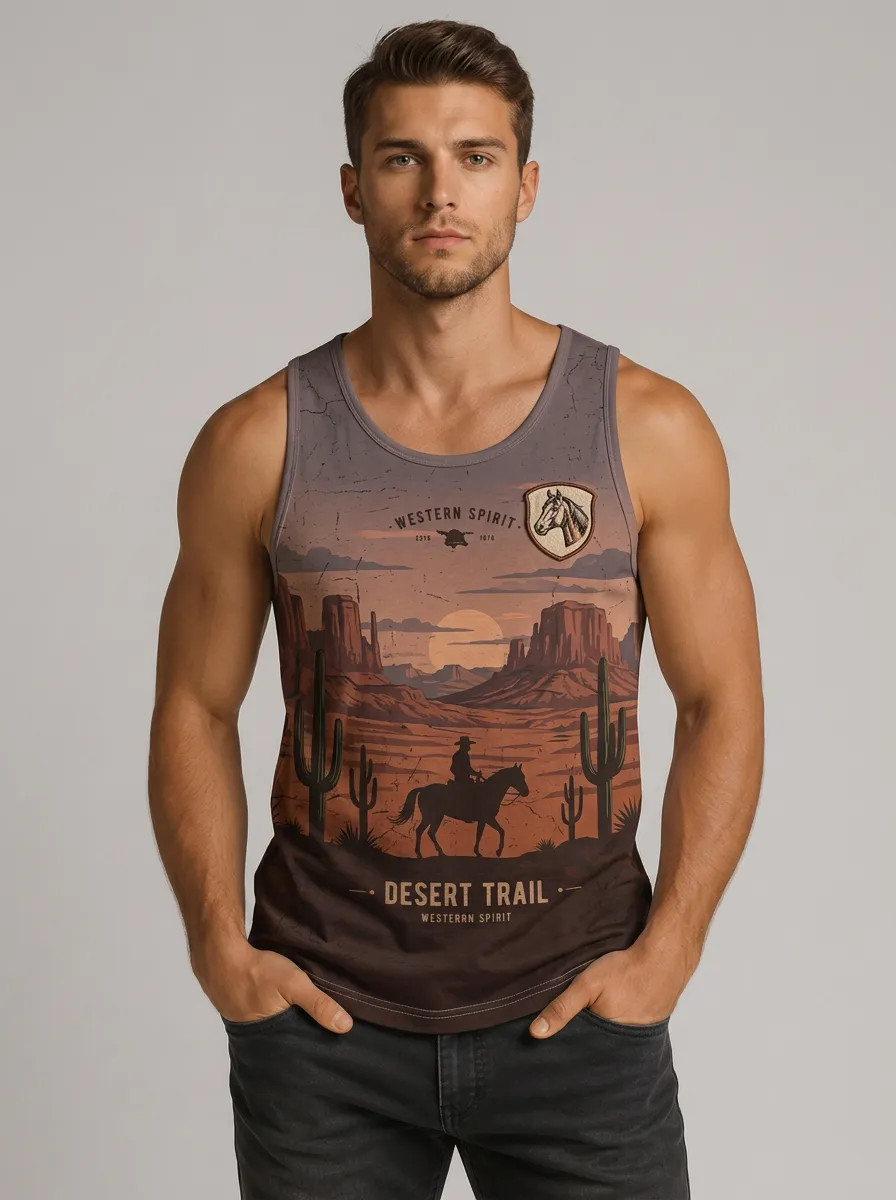 Men's Western Cowboy Desert Trail Horse Printed Tank Top