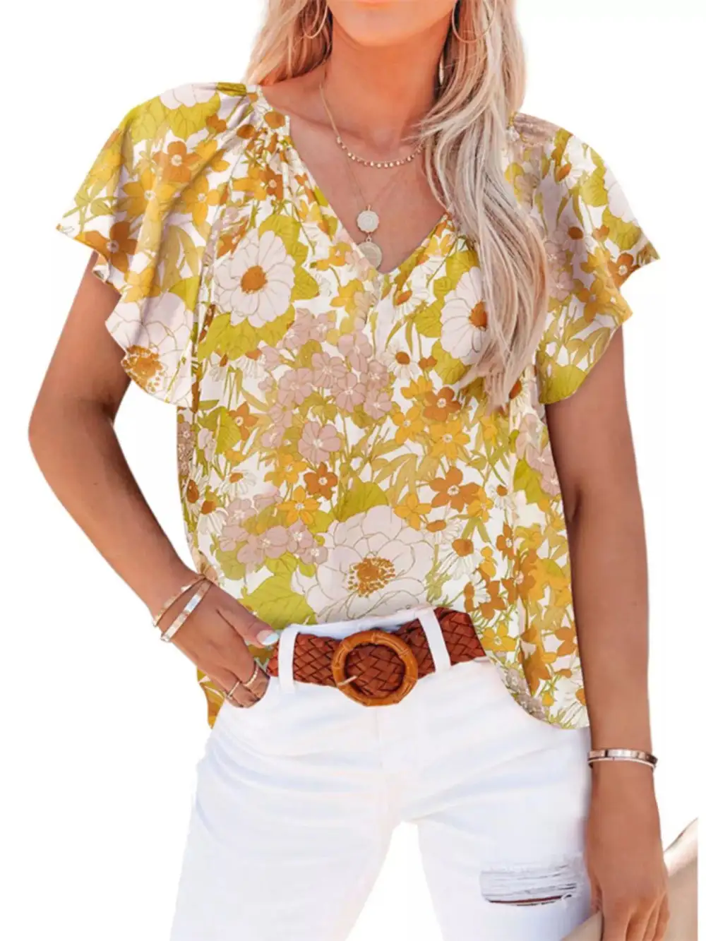Floral Print Flutter Sleeve V Neck Blouse