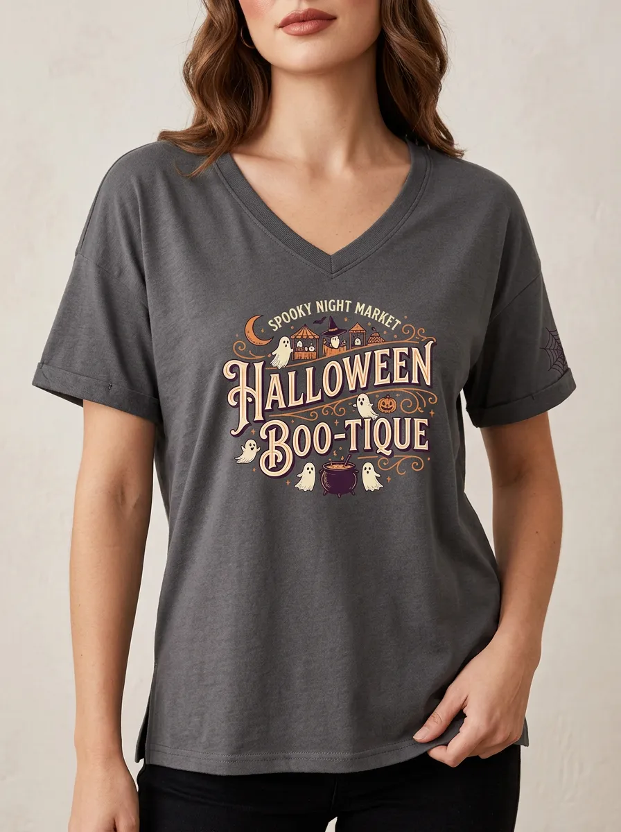 Women's Halloween Boo-tique Spooky Night Market Printed V-neck T-shirt