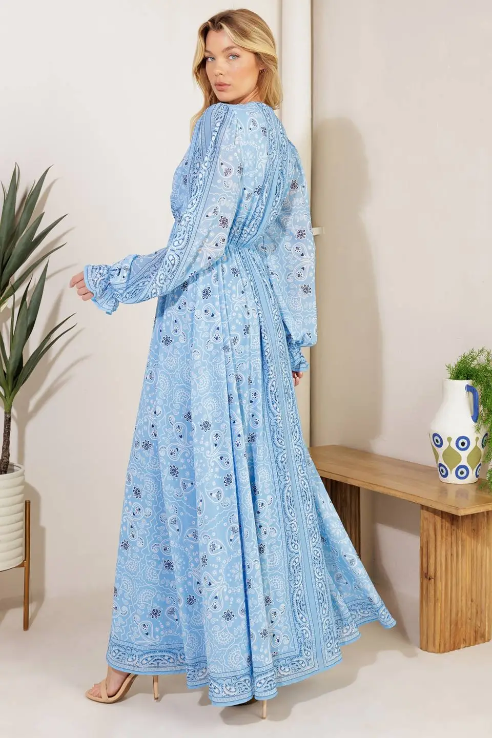 Long-Sleeve Printed Maxi Dress