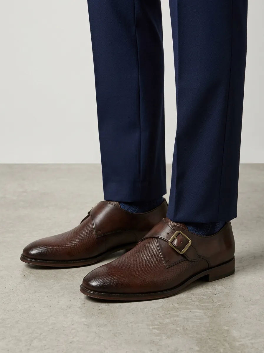 Men's Textured Leather Monk Strap Printed Dress Shoes