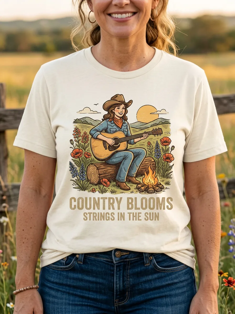 Guitar Cowgirl Campfire Country Music Crewneck T-Shirt