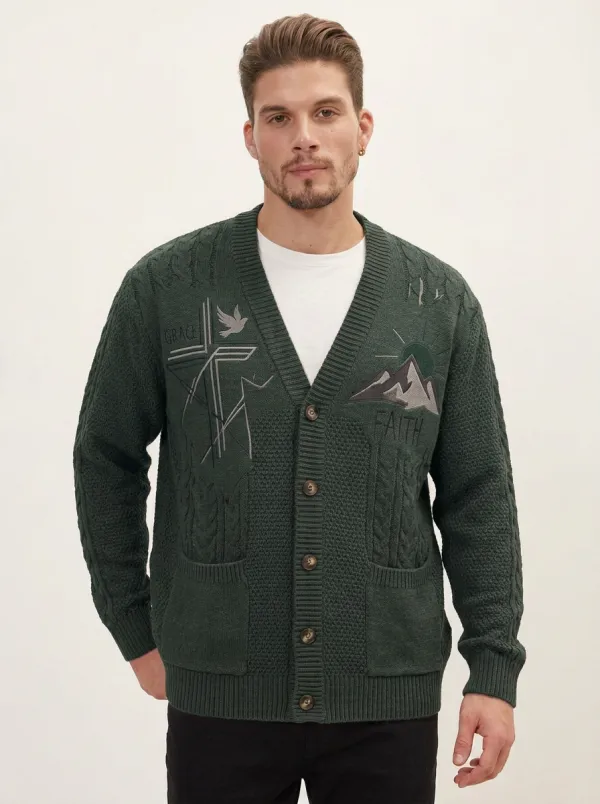 Men's Religious Faith Grace Mountain Cross Embroidered Cardigan