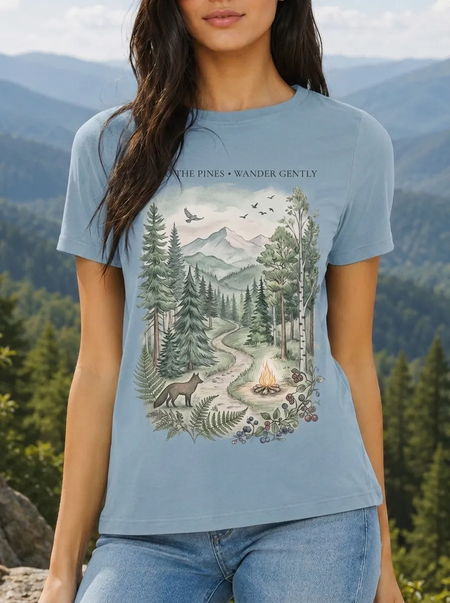 Women's Nature Lover Forest Fox Campfire Printed T-shirt