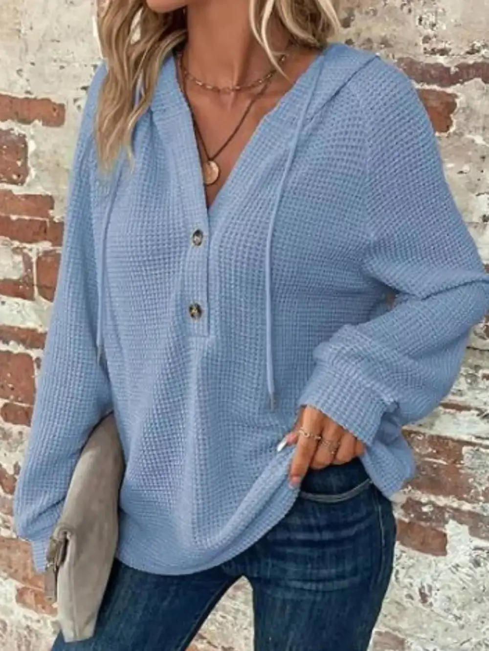 Drawstring Buttoned Pocketed Waffle-Textured Hoodie