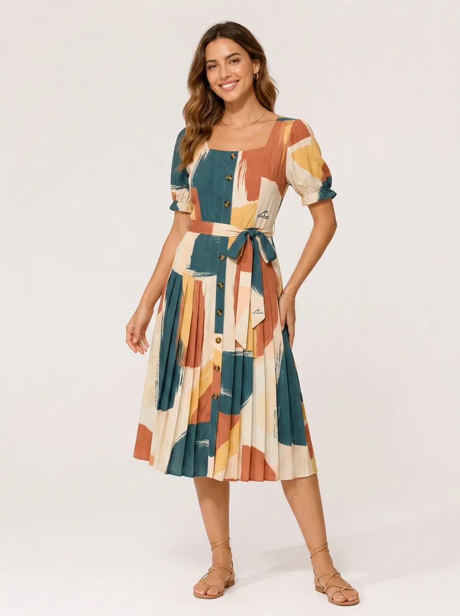 Women's Abstract Art Patterned Button-Down Printed Dress