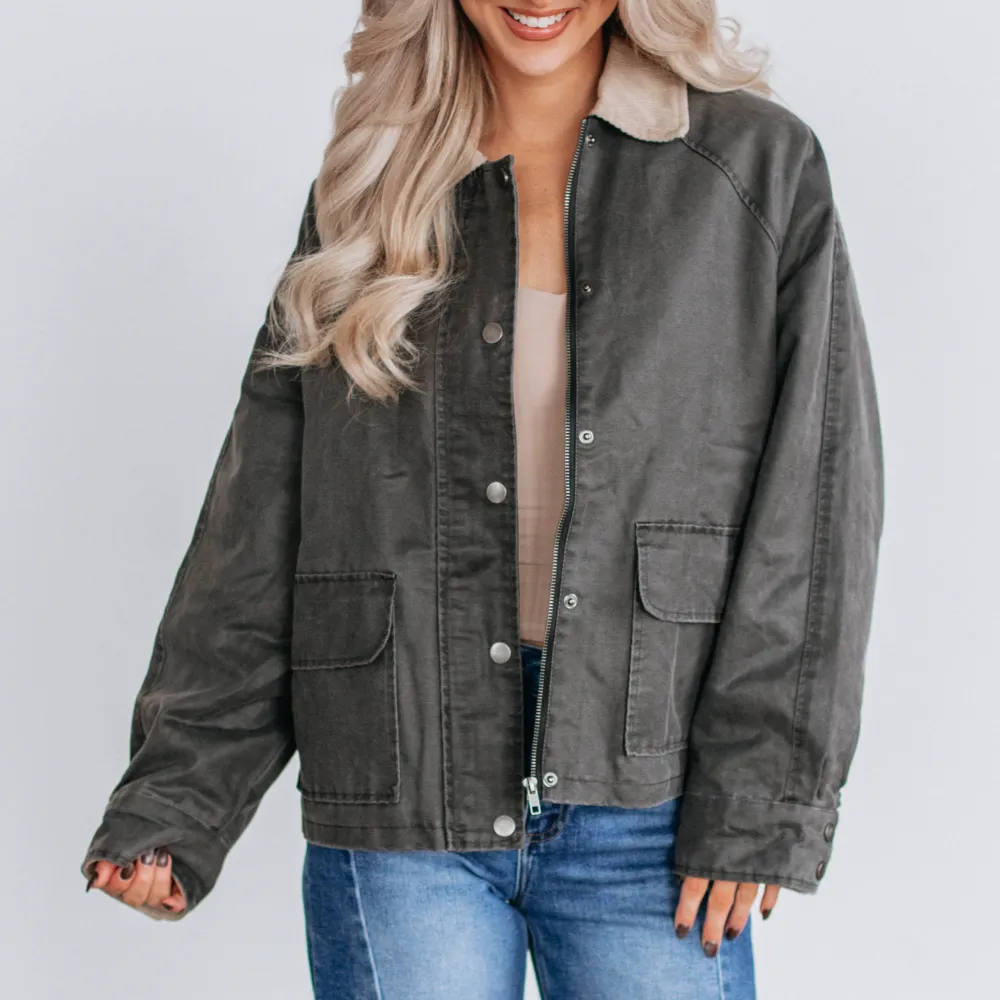 Collared Zip-Button Button-Cuff Snap-Front Utility Jacket