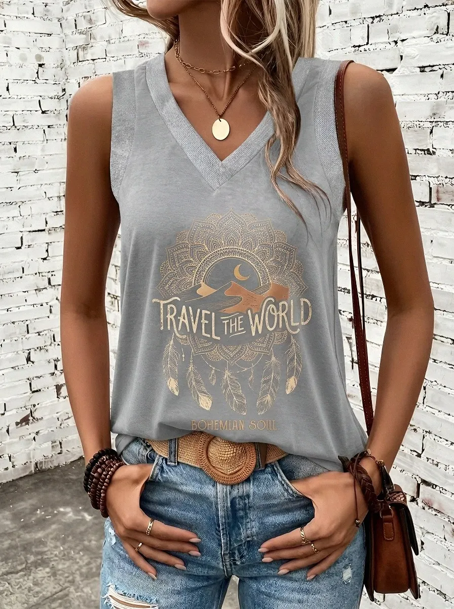 Women's Travel Lover Mandala Desert Feather Printed Tank Top
