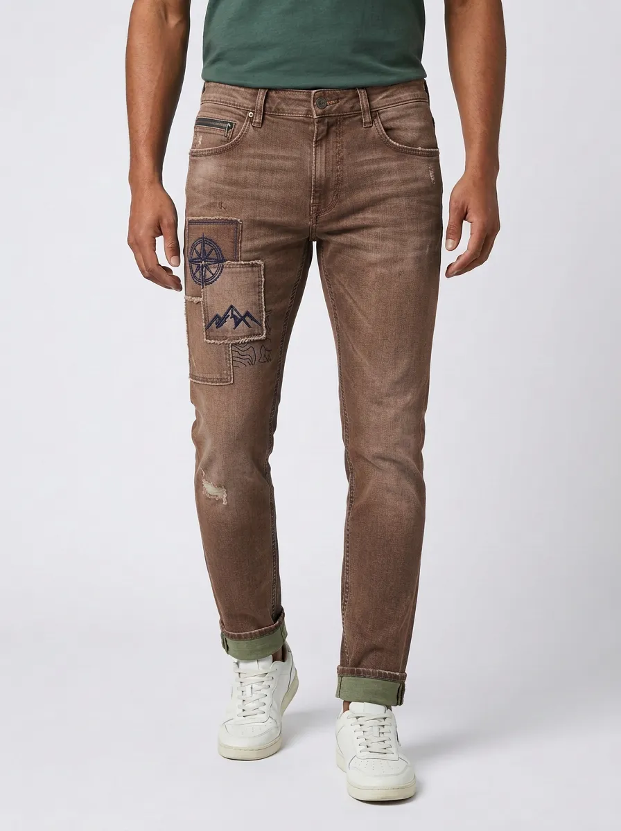 Men's Outdoor Compass Mountain Patchwork Graphic Slim-Fit Jeans