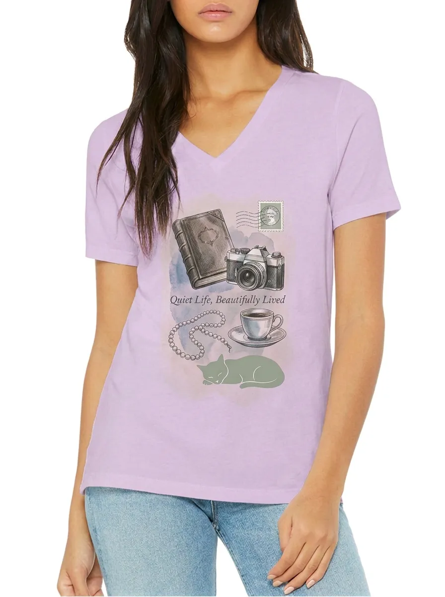 Women's Book Camera Coffee Cat Printed V-Neck T-Shirt