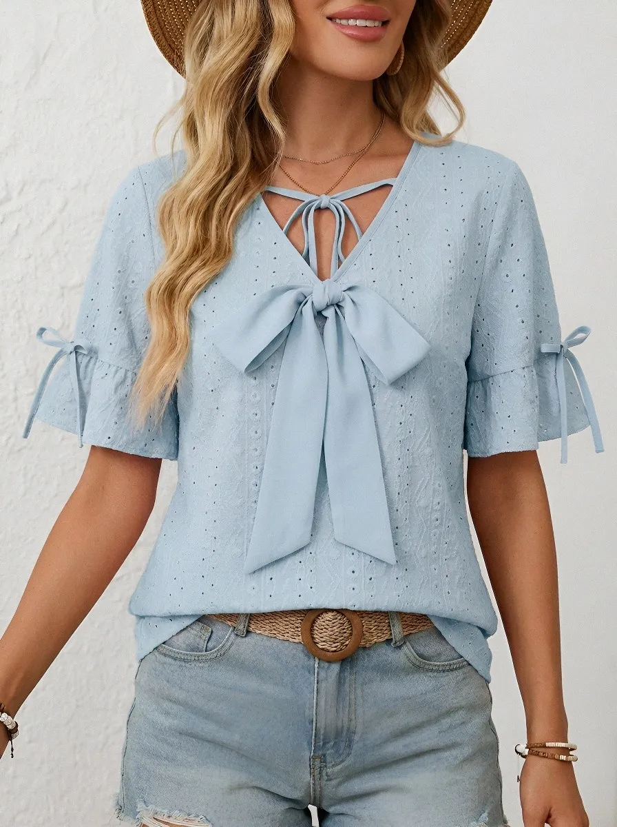 Women's Pink Bow Tie Eyelet Lace Up Short Sleeve Top
