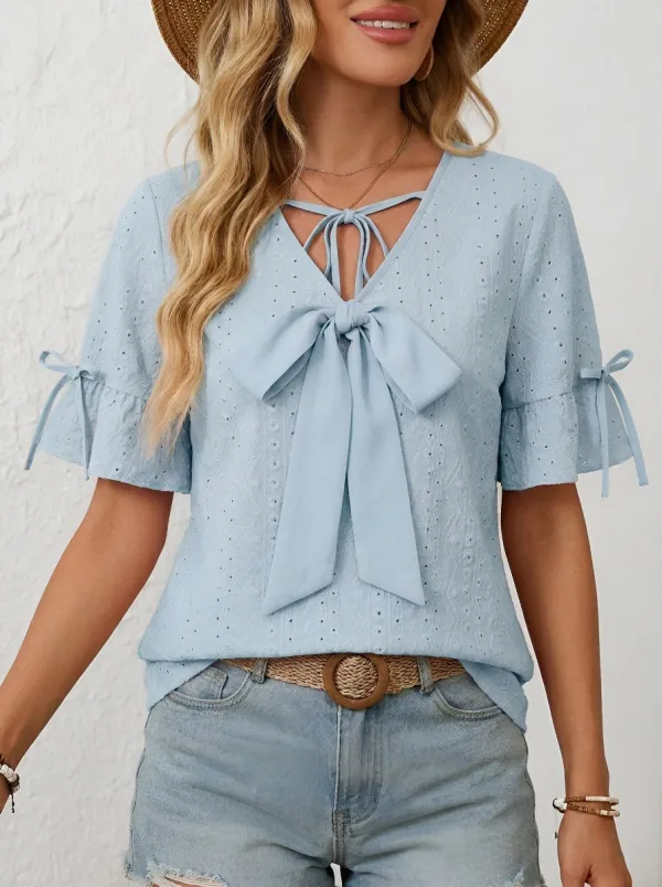 Women's Pink Bow Tie Eyelet Lace Up Short Sleeve Top